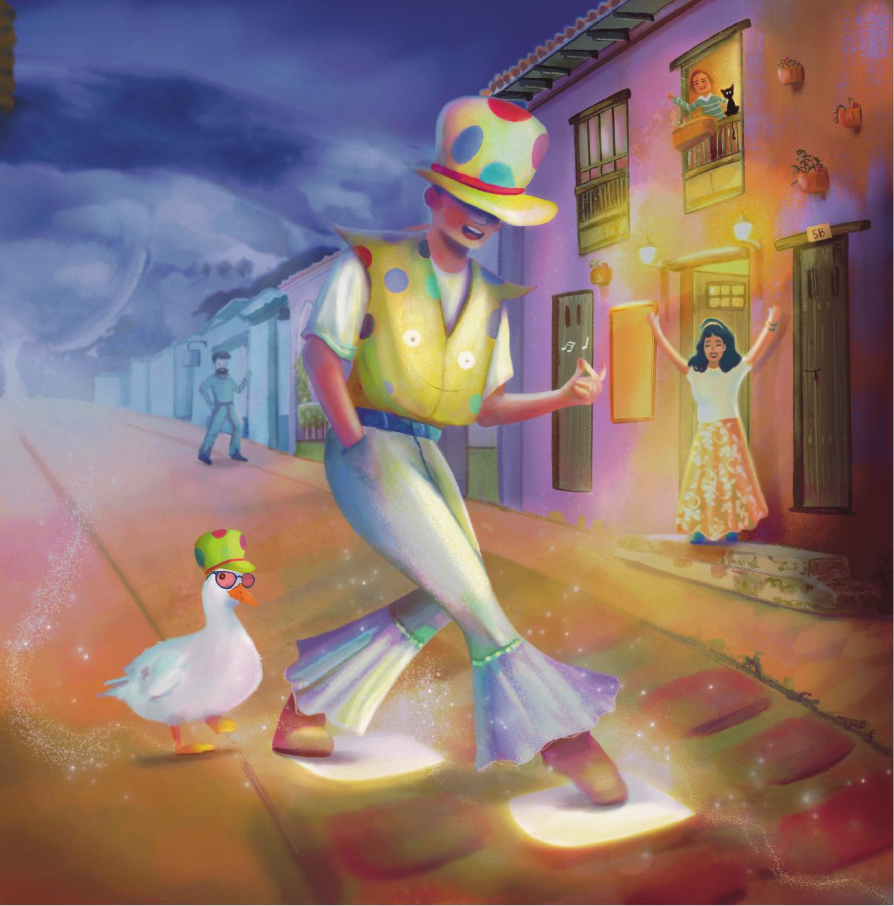 Main character walking through colorful street with duck companion